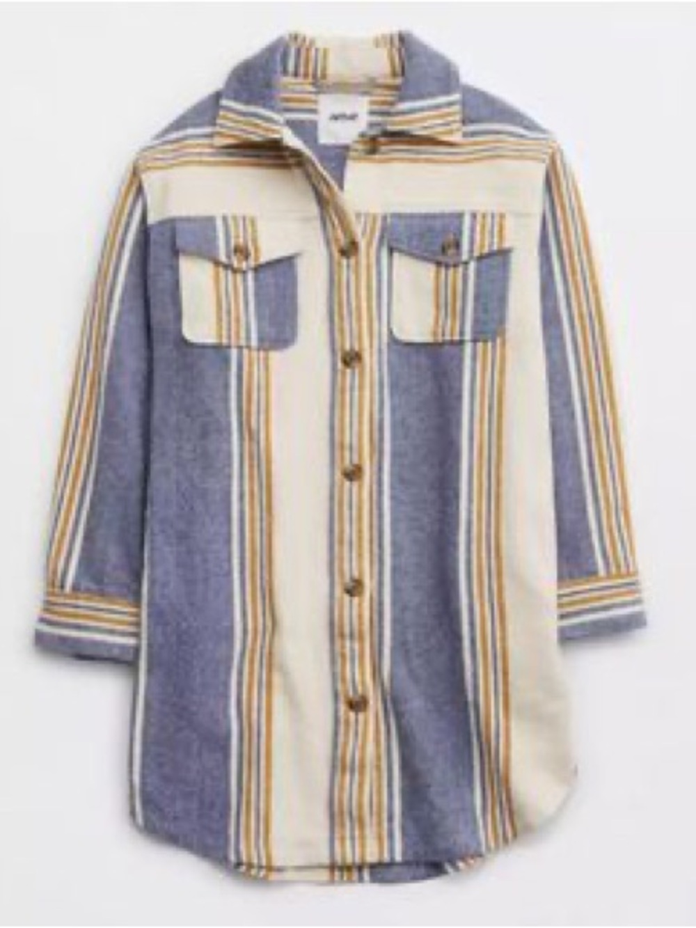 Aerie Oversized Flannel Shacket Jacket Cream Blue Stripe Cotton Size M - Picture 3 of 13